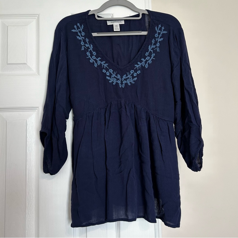 Motherhood Maternity Medium Blouse Navy Blue Embroidered V‎ Neck 3/4 Sleeve